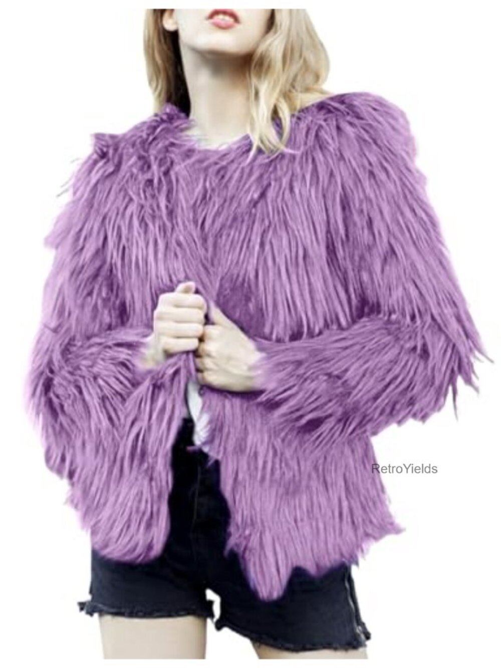 Womens Shaggy Faux Fur Coat Open Front Cropped Furry Jacket Outerwear
